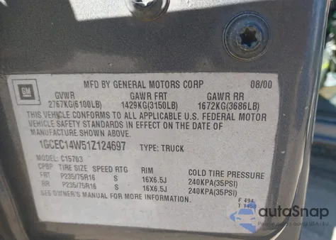 2000 Chevrolet Silverado 1500 from USA, damaged, VIN 1GCEC14W1YZ298647